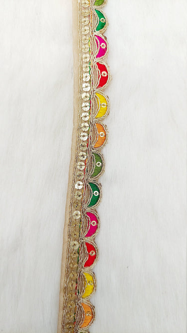 Beige Art Silk Scallop Fabric Lace Trim with Sequins and Multicolour Embroidery, Sari Border, Trim By 3 Yards